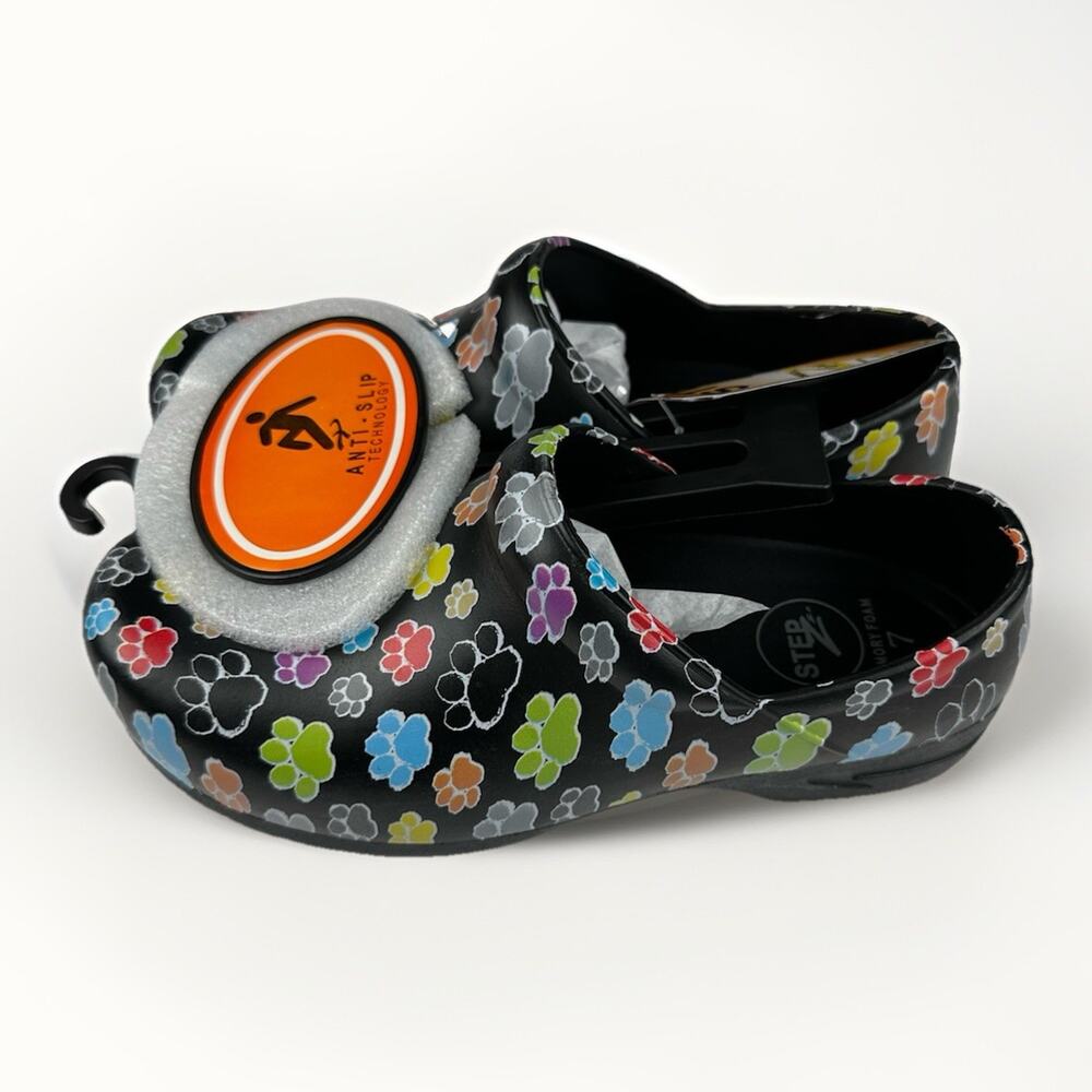 Stepz Anti-Slip Nursing Clogs Paw Print Black Womens Size 7 Memory Foam